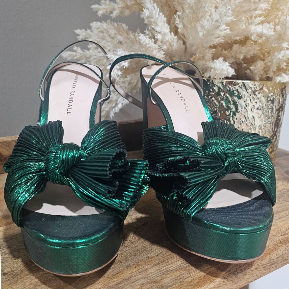 Loeffler Randall Natalia Emerald Green Metallic Platform Knotted Bow Heel